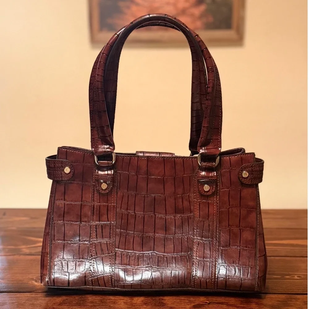 Liz Claiborne Satchel Women Large Brown New Y2K Croc Embossed Faux Leather